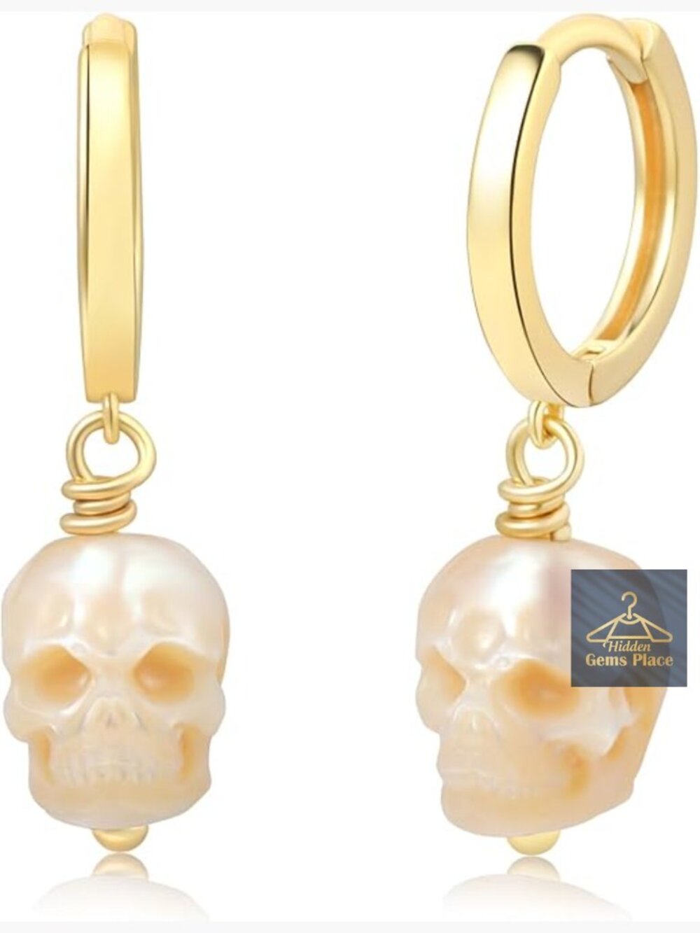 Hand-Carved Pearl Skull Huggie Hoop Earrings Sterling Silver 14K Gold